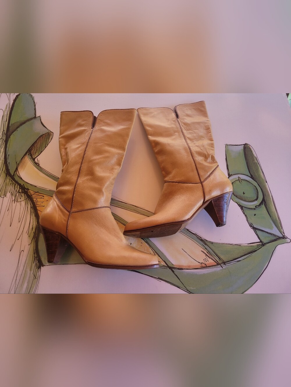 Tan Leather Mid-Calf Heeled Boots - Women